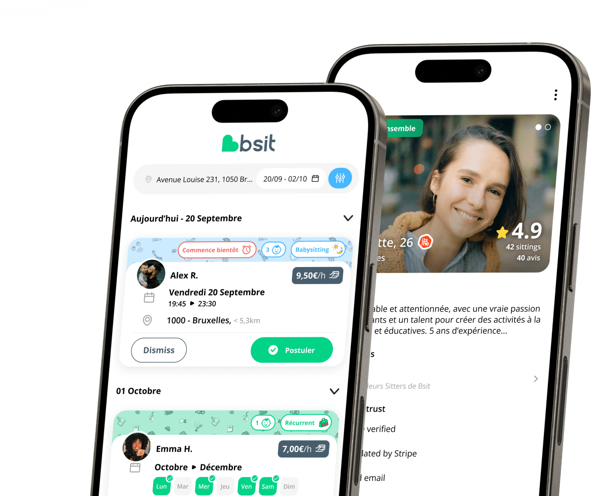 Aperçu de la page d'accueil et d'un profil de Sitter dans l'application Bsit