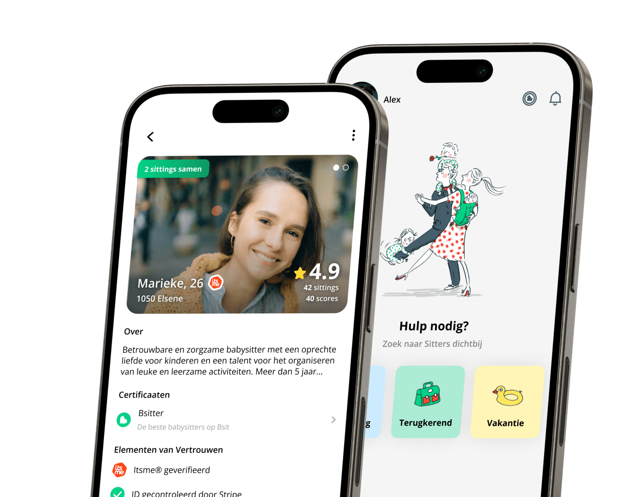 Voorbeeld van de hoofdpagina en een Sitterprofiel in de Bsit-app
