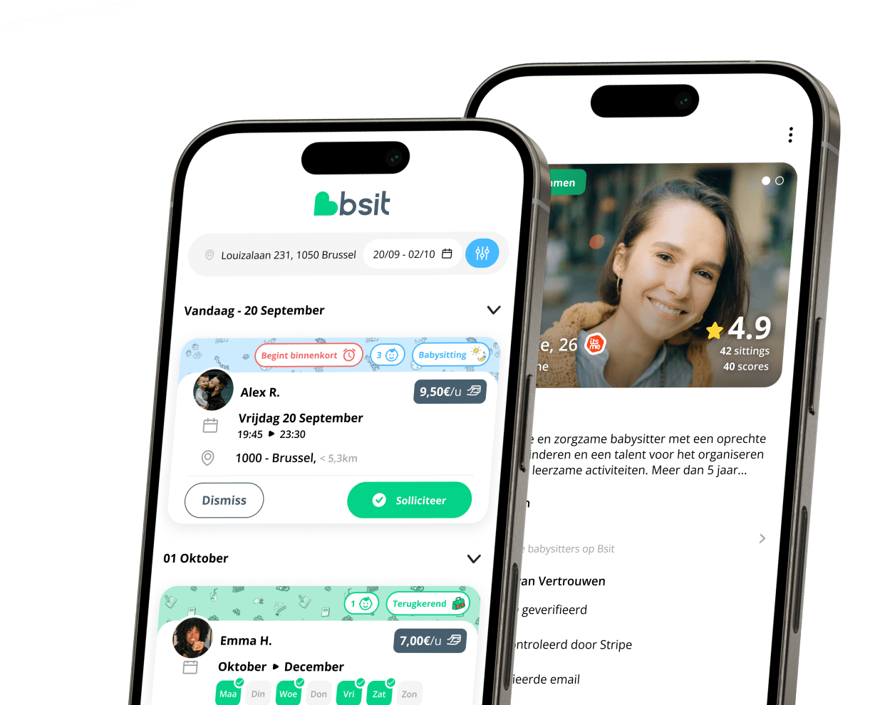 Voorbeeld van de hoofdpagina en een Sitterprofiel in de Bsit-app