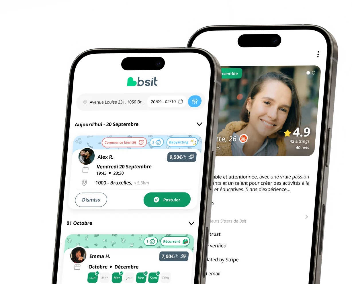 Aperçu de la page d'accueil et d'un profil de Sitter dans l'application Bsit