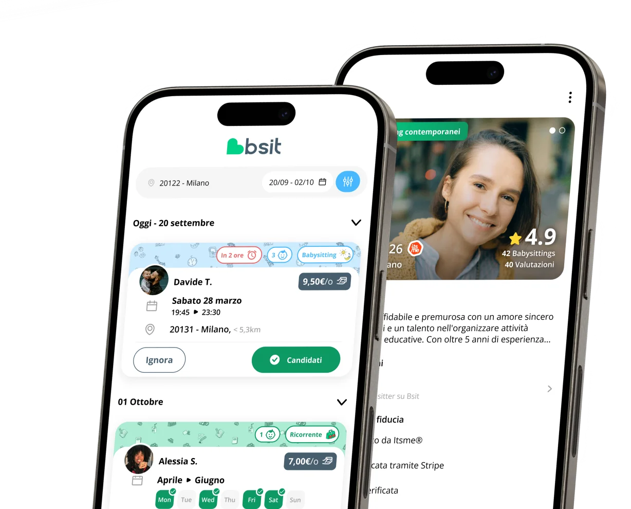 Anteprima della home page e del profilo di Babysitter nell'app Bsit